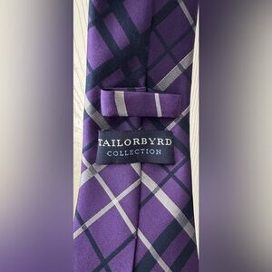 Tailorbyrd Collection 100% Silk purple silver navy plaid tie